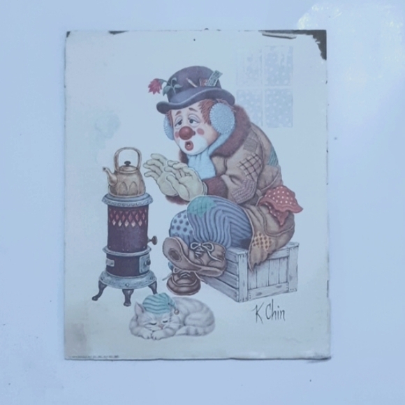 Vintage K CHIN Clown Print Litho wall hanging 1 Circus Life Hobo Weather - Picture 2 of 7